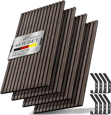 Produktbild von 4 Stück Akustikpaneele Holz 120×60x2,1 cm inkl. 8x Kleiderhaken | Wandverkleidung Innen als 3D Lamellenwand | Holzpaneele Paneele für Schallschutz | Akustik Wandpaneele mit Montageset