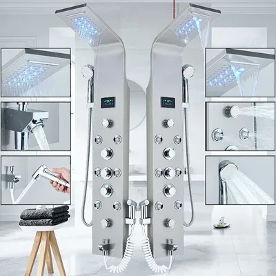 Produktbild von Linuode LED Licht Dusche Wasserhahn Badezimmer SPA Massage Jet Dusche Säulensystem Wasserfall Regen Duschpaneel Bidet Sprayer Tap (8009 Nickel B)