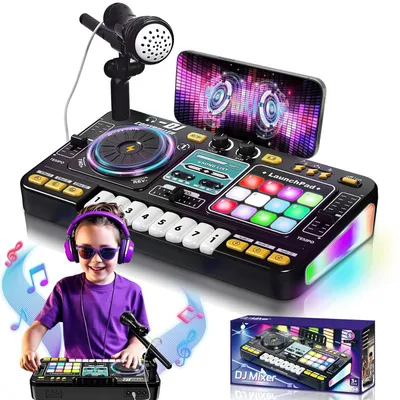 Image de Table de mixage DJ pour enfants de 3 à 10 ans Contrôleur DJ Mixeur DJ Instruments de musique avec microphone Plus de 100 effets sonores Lumière Batterie rechargeable, cadeau jouet pour DJ débutants Garçons Filles 3 5 6 7 8 9 10 ans