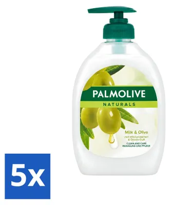 Immagine prodotto di 5 confezioni di sapone liquido per le mani Palmolive Naturals, profumato al latte e all'oliva, da 500 ml ciascuna. Confezione da 5 pezzi
