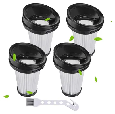 Four vacuum cleaner filters and a small cleaning brush are arranged on a white background.