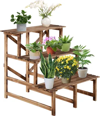 Zdjęcie produktu dla Schody roślinne Outsunny, schody kwiatowe, półka na kwiaty, półka na rośliny, stojak na kwiaty, 3 stopnie, drewno jodłowe, 80 x 80 x 78 cm