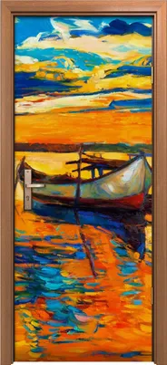 Produktbild von Türposter 80x200 cm Türaufkleber Türtapete Türfolie Klebefolie Sonnenuntergang Boot Pier See Malerei