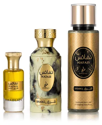 Productafbeelding van Khadlaj Nafais Sharq Eau de Parfum 100 ml + geparfumeerde olie 24 ml + bodyspray 250 ml, UNISEX, AI-gegenereerde afbeelding