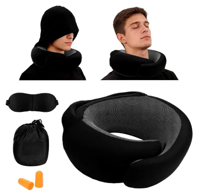 Produktbild von Nackenkissen Flugzeug mit Kapuze, Komfortabel Schlafkissen Flugzeug, Ergonomisches Reisekissen Memory Foam mit Kapuze für Langstreckenflüge, Autofahrten & Büroschlaf (Schwarz)
