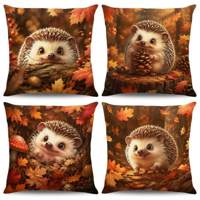 Productafbeelding van 4 kussenhoezen, herfstmotief, 40x40 cm, linnenlook, afbeelding van esdoornbladeren