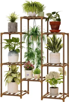 Image de Support à plantes en bois à 3 niveaux pour 7 pots, pour l'intérieur et l'extérieur