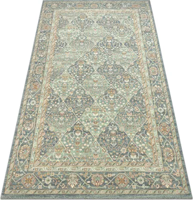 Image de Tapis en laine SOHO 477.27.LA500 OSTA - Losange, cadre géométrique naturel vert / bleu vert 67x130 cm