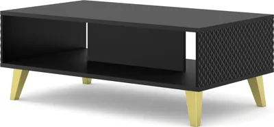 A black coffee table with gold legs is shown against a white background.