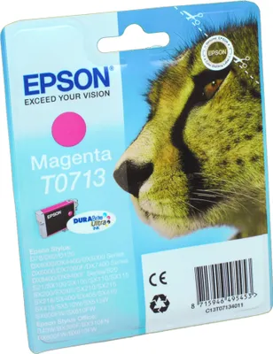 Produktbild von Epson Singlepack Magenta T0713 DURABrite Ultra Ink, Standardertrag, Magenta, Tinte auf Pigmentbasis, 5,5 ml, 1 Stück(e), Einzelpackung