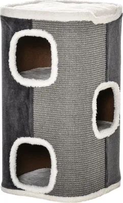 Imagen del producto de Poste rascador para gatos Katzenbaum con 3 niveles, fabricado con tablero de partículas, poliéster suave al tacto, sisal, color gris y blanco, dimensiones: 40x40x74 cm