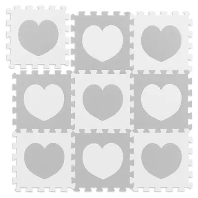 Image de Tapis puzzle Relaxdays à motif cœur, 9 pièces, en mousse EVA sans substances nocives, L x P : 91,5 x 91,5 cm, blanc/gris