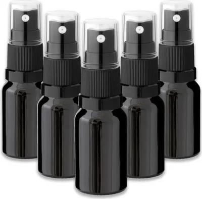 Produktbild von 5x Glasflasche schwarz 10 ml mit schwarzem Zerstäuber Sprükopf leer