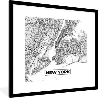 Produktbild von MuchoWow® Gerahmtes Poster New York - Stadtplan - Schwarz und weiß - Karte 40x40 cm - Poster mit Schwarzem Bilderrahmen Wandposter Rahmen Foto Bilder - Poster - Plakat im Rahmen