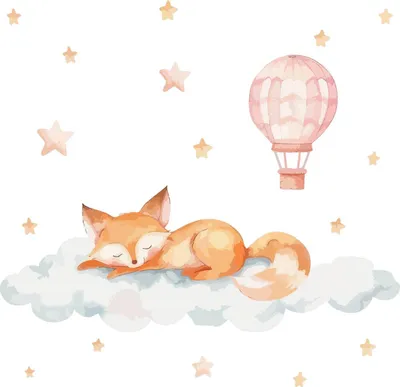 Produktbild von Wandaufkleber Kinderzimmer – Wandsticker für Baby & Kinder – Selbstklebende Wanddekoration – Abnehmbar ohne Rückstände – Deko für Mädchen & Jungen - Eine Wolke mit Sternen und ein Ballon mit einem pastellfarbenen Fuchs80x125 cm