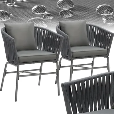 Two outdoor chairs with grey rope detailing and cushions are shown against a white background. The top of the image features a textured grey surface with water droplets.
