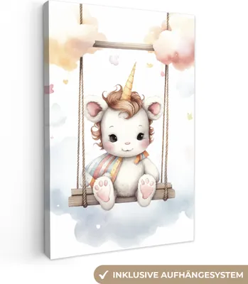 Produktbild von MuchoWow® - Leinwandbilder - Einhorn - Tier - Kinder - Einhorn, Wandbild, Wanddeko Bilder Wohnzimmer, 80x120 cm