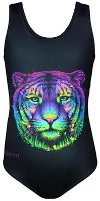 Produktbild von Aquarti Mädchen Badeanzug mit Ringerrücken Print, Farbe: Bunter Tiger / Schwarz, Größe: 152