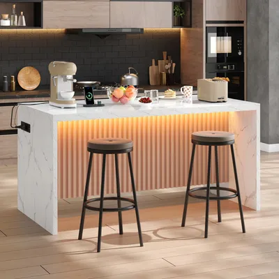 Obrázek produktu pro Kuchyňský ostrůvek MODFU, bílý, barový stůl s LED osvětlením, kuchyňský stůl s pracovní deskou o tloušťce 40 mm, jídelní stůl s designem mramoru, rozměry 155x80x90 cm