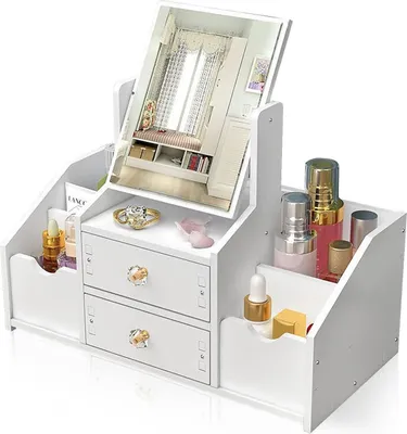 Produktbild von Weißer Make up Organizer mit Schublade Spiegel für Schminktisch Kommode Schlafzimmer Badezimmer Multifunktionaler Kosmetik Organizer PVC Langlebig