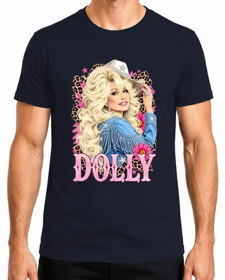 Immagine prodotto di Maglietta da uomo, taglia L, blu navy, con la scritta "Dolly Parton", icona della musica country, immagine di cowgirl, stile western e retrò, cantante