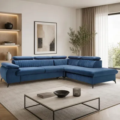 Produktbild von GOLDSTOFF VING Ecksofa mit Schlaffunktion & Bettkasten | Federkern Eckcouch | Schlaffläche 125x210 cm | L-Form mit Kopfstützen (Dunkelblau)