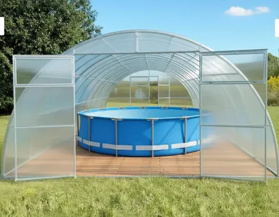 Obrázek produktu pro Kryt bazénu od společnosti Garten Dream. 4x4M s 6mm polykarbonátem Celoroční použití. Odolný proti sněhu a větru. Dvojité dveře na každé straně. Ochrana proti korozi.