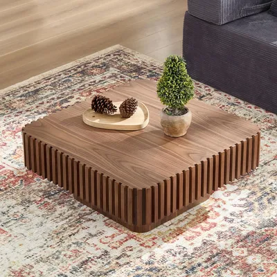Immagine prodotto di Tavolino quadrato per soggiorno con design a listelli, struttura in legno massello, colore noce, dimensioni 80x80x35 cm