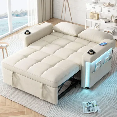 Produktbild von Merax 2-Sitzer Schlafsofa mit LED-Beleuchtung, USB Type-C, 3-fach verstellbarer Rückenlehne, Getränkehalter, Seitentaschen, 2 Kissen, Chenille, Beige