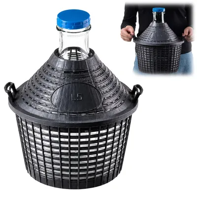 Productafbeelding van KADAX glazen ballon met kunststofmand "Alatri", smalle opening, wijnballon, geschikt voor flessen, gistvat, 5 liter