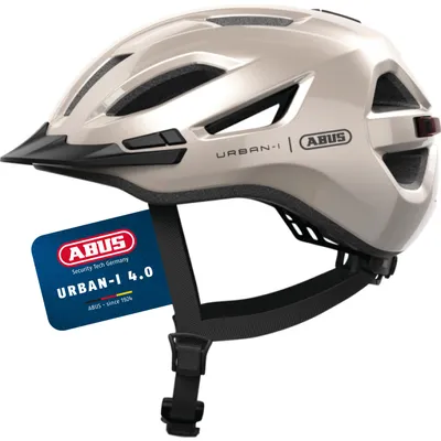 Zdjęcie produktu dla Kask miejski ABUS Urban-I 4.0 - kask rowerowy z ładowalnym tylnym światłem, 2 trybami oświetlenia, daszkiem, otworem na warkocz i zapięciem magnetycznym - dla nastolatków, kobiet i mężczyzn - rozmiar M, beżowy