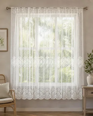 Image de Voilage Jacquard au mètre Blanc 180 cm, sans repassage, tamisant pour salon chambre salle à manger cuisine
