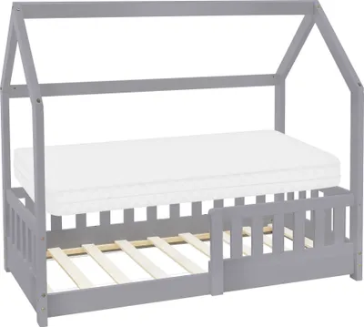 Obrázek produktu pro ML-Design dětská postel 70x140 cm s matrací, ochrana proti vypadnutí, střecha a lamelový rošt, světle šedá, domácí postel z borovicového dřeva podlahová postel dřevěná postel