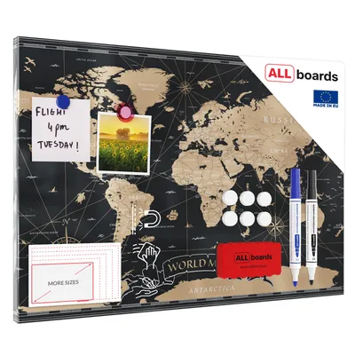 Immagine prodotto di Lavagna magnetica in acciaio MAPPA DEL MONDO NERA VINTAGE CLASSICA STATI E CAPITALI 60x40 cm MetalBoards lastra con stampa adatta per tutti i tipi di calamite + set di accessori GRATIS