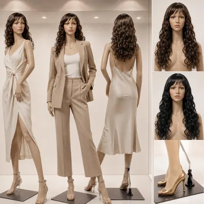 Produktbild von SF-4 schöne Schaufensterpuppe weiblich mit 2 Perücken Beweglich. Frau in Hautfarbe mannequin Schaufensterfigur Ganzkörperpuppe Damen Metallplatte