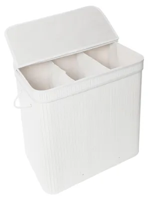 Obrázok produktu pre Relaxdays Košík na bielizeň s vekom, bambus, 150 l, 3 priehradky, VxŠxH: 61,5 x 61 x 41,5 cm, kúpeľňový košík na bielizeň, biely