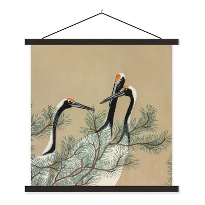 Produktbild von MuchoWow® Textilposter Blätter - Kranich - Japanisch - Vintage 120x120 cm mit schwarzem Rahmen - Aufhängungsset