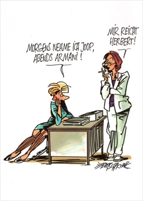 Produktbild von Cartoon-Postkarte Peter Butschkow "Morgens nehme ich Joop, abends Armani!"