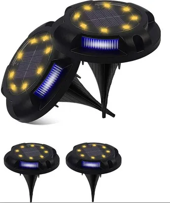 Produktbild von 4er-Pack Solar-Bodenleuchten für den Außenbereich, Scheibenleuchte mit 8 LEDs + 4 blauen LEDs, wasserdicht, solarbetrieben, für Wege, Terrassen, Einfahrten, Gärten, Rasenflächen und Höfe.