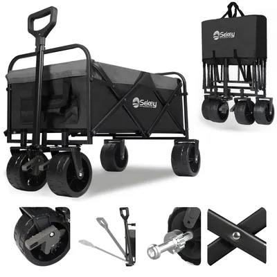 Produktbild von Sekey 200 kg Schwerlast Bollerwagen Faltbar, mit 17x10 cm PolyurethanReifen – Ideal für den Strand, Schwarz und Grau