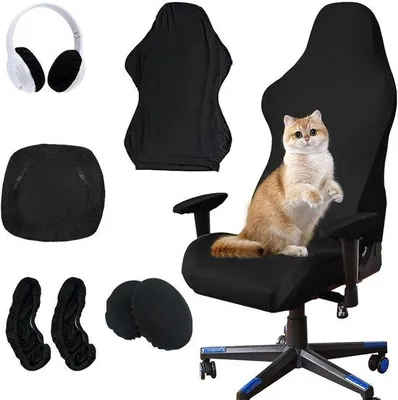 Produktbild von Unyqoos® 6-teiliges schwarzes Stuhlbezug-Set für Gaming- und Bürostühle mit Armlehnen – dehnbar & atmungsaktive Milchseide, waschbar