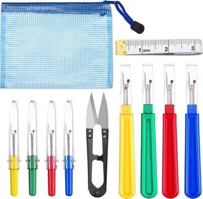 Produktbild von 11 Stück Nahttrenner und Nähgarn Entferner Kit, Stich Unpicker Fadenschneider mit Trimmschere, weichem Maßband und Aufbewahrungstasche zum Nähen
