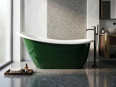 Produktbild von Freistehende Badewanne Modern 180 cm Grün-Weiß Komposit Ohne Füße — Moderne Badewanne Jadwiga Slipper Flaschengrün mit Kopfstütze Bodenstehend