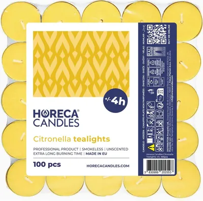 Produktbild von Horeca Candles Zitronella Teelichter Set 100 Stück Gelb, 4h Brenndauer– Duftkerzen für Außenbereich, Balkon - Citronella