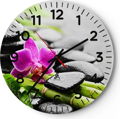 Produktbild von Wanduhr - Rund - Glasuhr - Pflanze Steine Bambus Spa - 40x40cm - Schleichendes Uhrwerk - Lautlos - zum Aufhängen bereit - Dekoration Modern - Wanddekoration aus Glas - C4AR40x40-2681