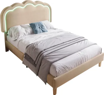 Produktbild von Einzelbett Polsterbett 90x200 cm aus Leinen mit LED und verstellbarem Kopfteil, Beige, ohne Matratze