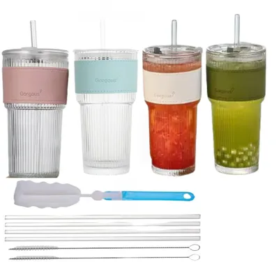 4 Gläser mit Deckel & Strohhalm 600 ml, gerippt, für Eiskaffee & Smoothies