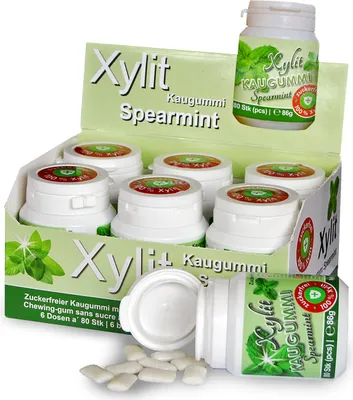 Produktbild von Xylitquelle Zahnpflegekaugummi SPEARMINT | 6 x 80 Stk | 100% Xylit für angenehmen Atem | zuckerfrei, vegan, ohne Aspartam | 480 Kaugummis (6er Pack)