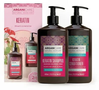 Zdjęcie produktu dla Zestaw Arganicare: Keratyna, odżywka do włosów, regenerująca, 400 ml + Keratyna, szampon do włosów, naprawiający i pielęgnujący, 400 ml