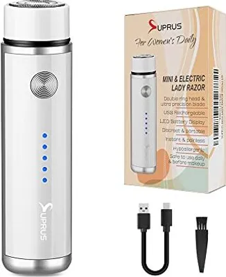 Image de SUPUS Femmes USB rechargeable rasoir électrique barbe visage moustache bras jambe aisselle bikini LED indicateur de batterie sans fil (blanc)